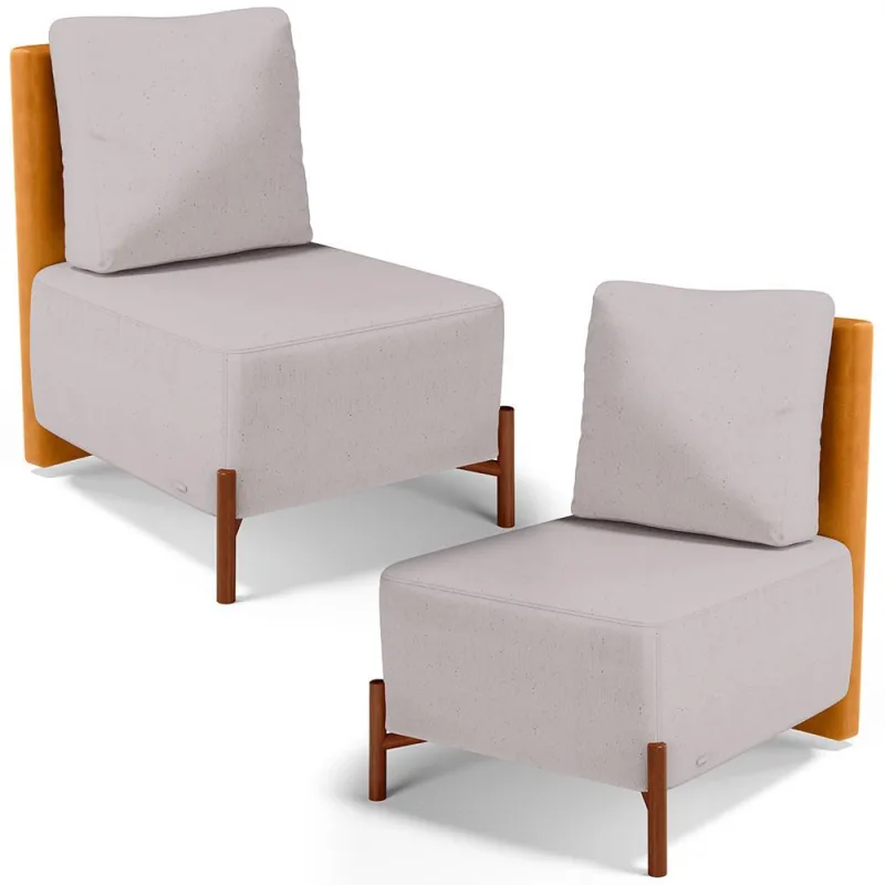 Kit 02 Poltronas Decorativas Sala de Estar Living Hungria L02 Couríssimo Whisky Linho Bege - Lyam - Lyam Decor