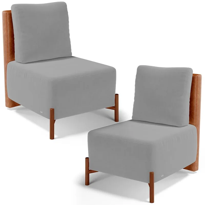 Kit 02 Poltronas Decorativas Sala de Estar Living Hungria L02 Couríssimo Camel Suede Cinza - Lyam - Lyam Decor - Móveis