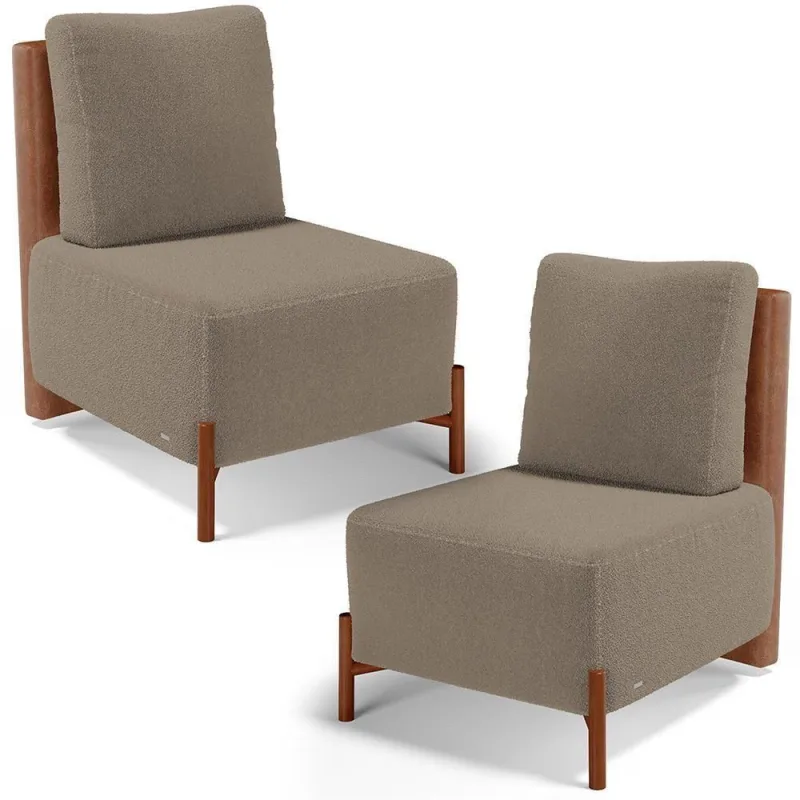 Kit 02 Poltronas Decorativas Sala De Estar Living Hungria L02 Couríssimo Camel Bouclê Bege - Lyam - Lyam Decor