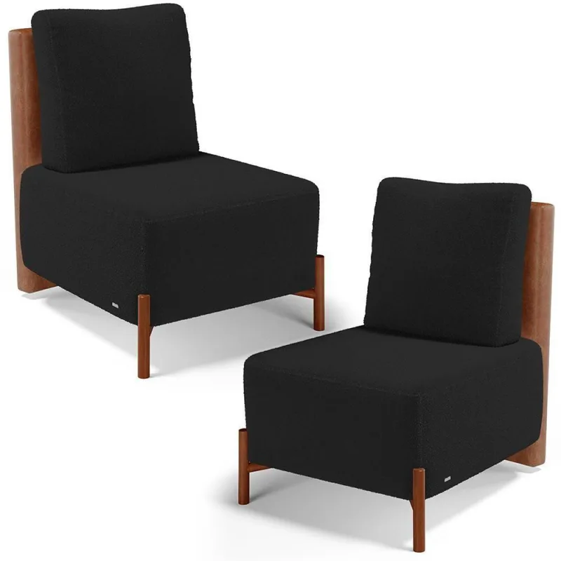 Kit 02 Poltronas Decorativas Sala De Estar Living Hungria L02 Couríssimo Camel Bouclê Preto - Lyam - Lyam Decor - Agro