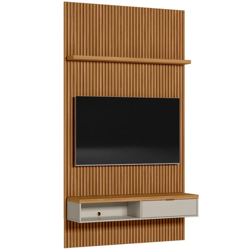 Painel Ripado Para TV 60 Pol Slats e Bancada Lisa 141x250cm L05 Nature Off White - Lyam Decor - Lyam Decor