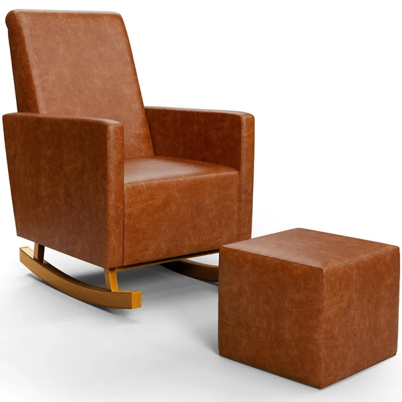 Poltrona de Amamentação com Balanço e Puff Ravena W01 Couríssimo Camel - Lyam Decor - Lyam Decor