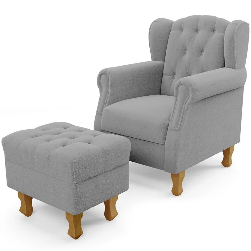 Poltrona de Amamentação Yara P02 Com Puff Paris Luis Xv L02 Bouclê Cinza - Lyam Decor - Lyam Decor - Móveis