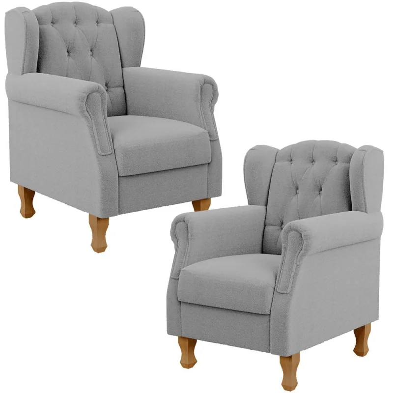 Kit 02 Poltronas Decorativa Para Sala De Estar Yara P02 Bouclê Cinza - Lyam Decor - Lyam Decor - Móveis