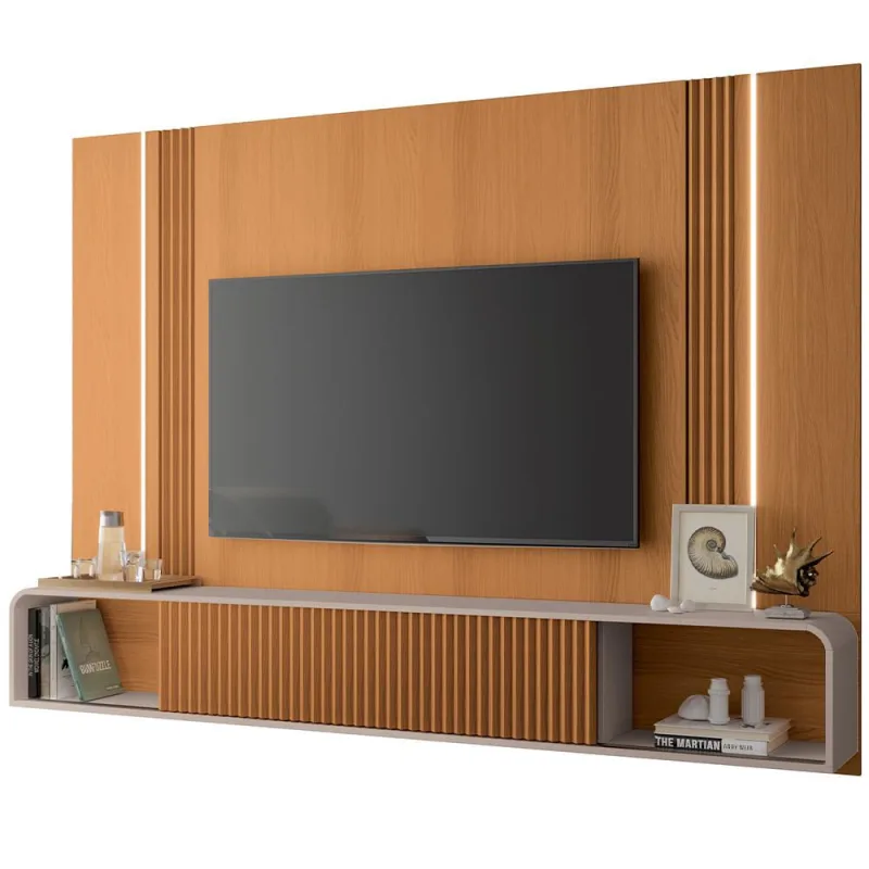 Painel Para TV 85 Pol com Bancada Suspensa e LED Zurick B01 Cinamomo Off White - Lyam Decor - Lyam Decor - Móveis