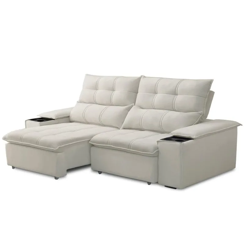 Sofá Retrátil Reclinável Para Sala de Estar Living 210cm Ártico F04 Veludo Bege - Lyam Decor - Lyam Decor - Móveis