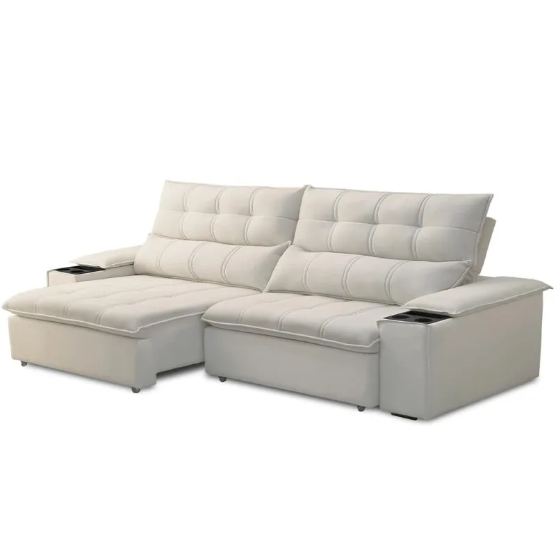 Sofá Retrátil Reclinável Para Sala de Estar Living 230cm Ártico F04 Veludo Bege - Lyam Decor - Lyam Decor