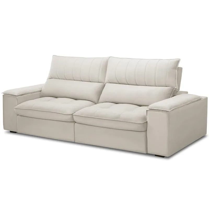 Sofá Retrátil Reclinável Para Sala de Estar Living 250cm Nápoles F04 Veludo Bege - Lyam Decor - Lyam Decor - Móveis