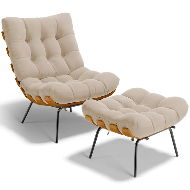 Poltrona Costela L02 com Puff Sala de Estar Suede Bege  - Lyam Decor - Lyam Decor - Móveis