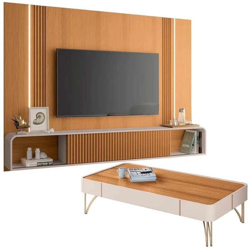 Painel Para 85 Pol Zurick E Mesa De Centro Harmony B01 Cinamomo Off White - Lyam Decor - Agro