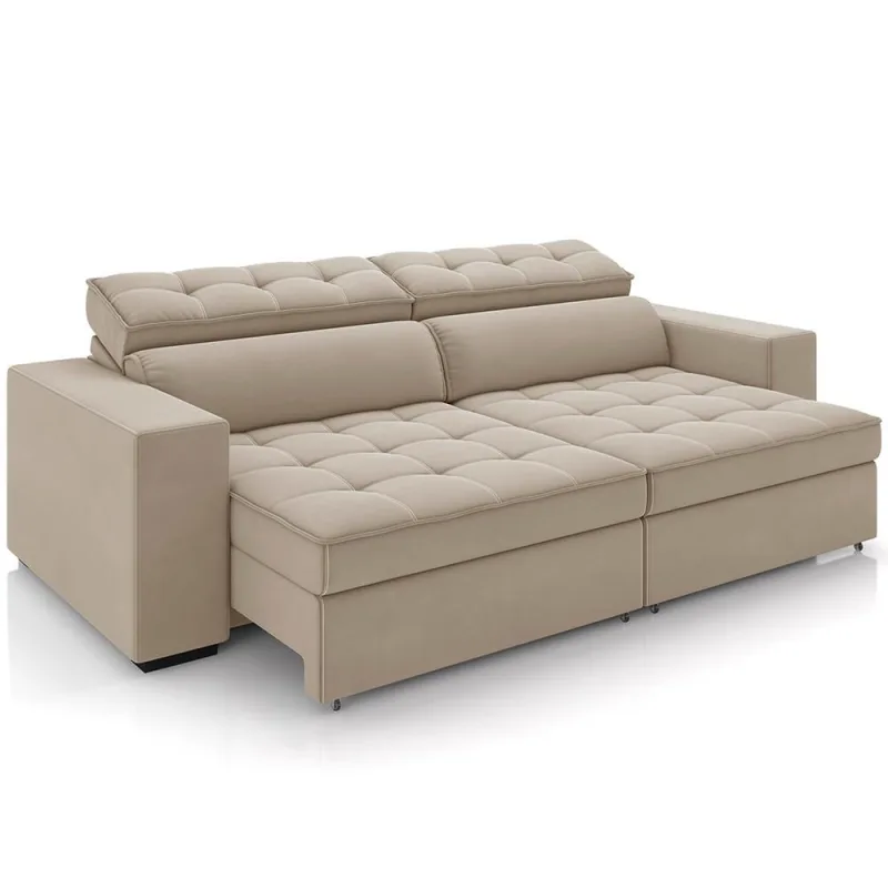 Sofá Retrátil Reclinável Para Sala de Estar Living 218cm Clara M03 Veludo Bege - Lyam Decor - Lyam Decor - Móveis