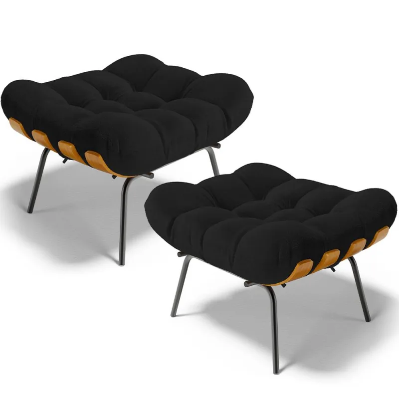 Kit 2 Puff's Decorativos Sala de Estar Costela L02 Bouclê Preto - Lyam Decor - Lyam Decor