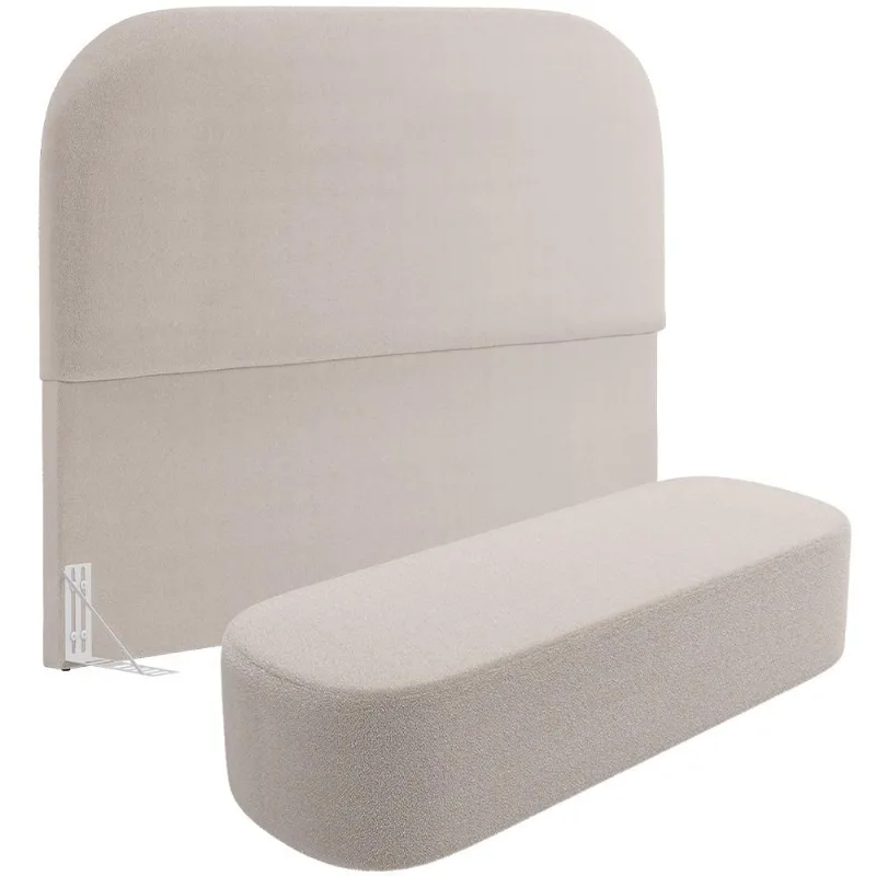 Cabeceira Cama Box Queen 160cm Lanna com Puff Recamier Doha W01 Bouclê Creme - Lyam Decor - Lyam Decor