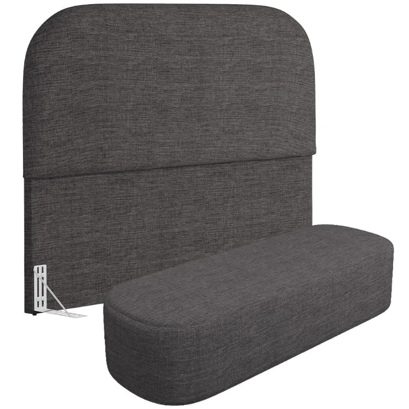 Cabeceira Cama Box Queen 160cm Lanna com Puff Recamier Doha W01 Linho Cinza Escuro - Lyam Decor - Lyam Decor