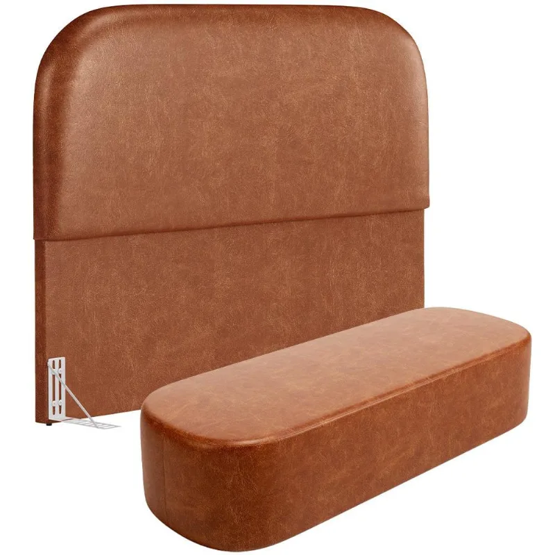 Cabeceira Cama Box Queen 160cm Lanna com Puff Recamier Doha W01 Couríssimo Camel - Lyam Decor - Lyam Decor