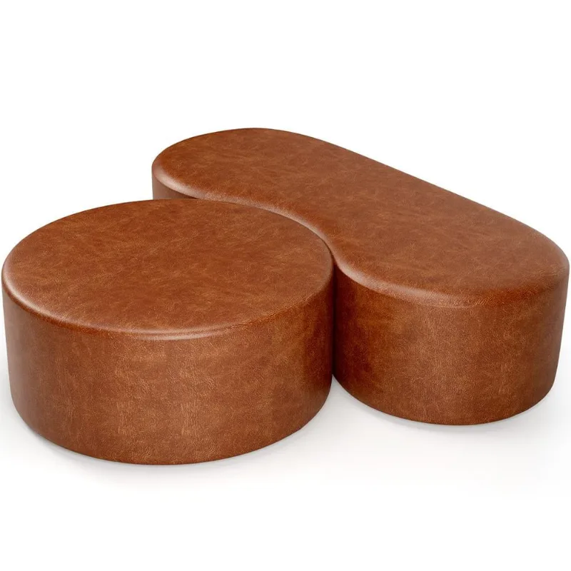 Kit Puff Redondo Lola e Puff Recamier Orgânico Orbit W01 Couríssimo Camel - Lyam Decor