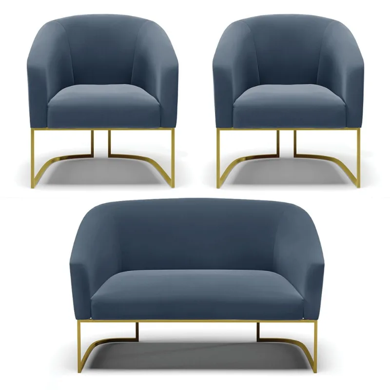 Namoradeira e 2 Poltronas Industrial Dourado Stella Suede Azul M D03 - D'Rossi