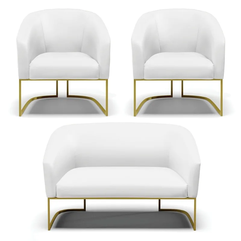 Namoradeira e 2 Poltronas Industrial Dourado Stella Sintético Branco D03 - D'Rossi