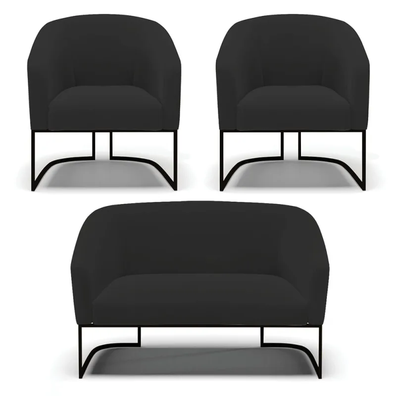 Namoradeira e 2 Poltronas Industrial Preto Stella Veludo Preto D03 - D'Rossi - DRossi