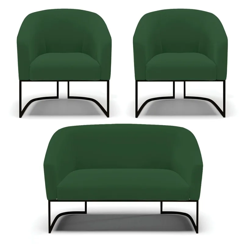 Namoradeira e 2 Poltronas Industrial Preto Stella Veludo Verde D03 - D'Rossi - DRossi