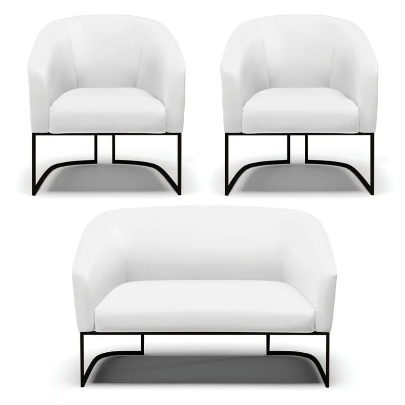 Namoradeira e 2 Poltronas Industrial Preto Stella Sintético Branco D03 - D'Rossi