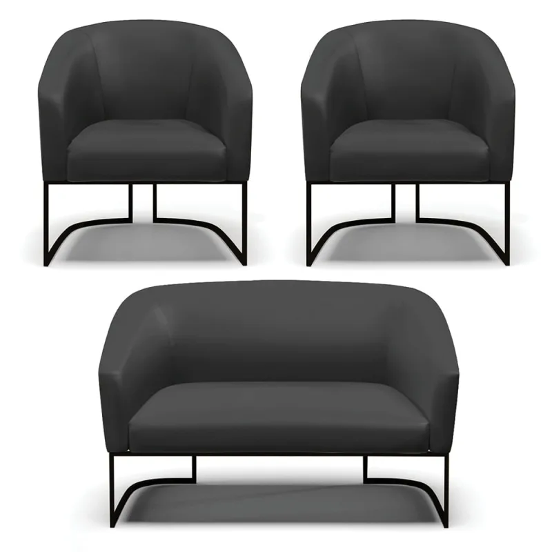 Namoradeira e 2 Poltronas Industrial Preto Stella Sintético Preto D03 - D'Rossi - DRossi