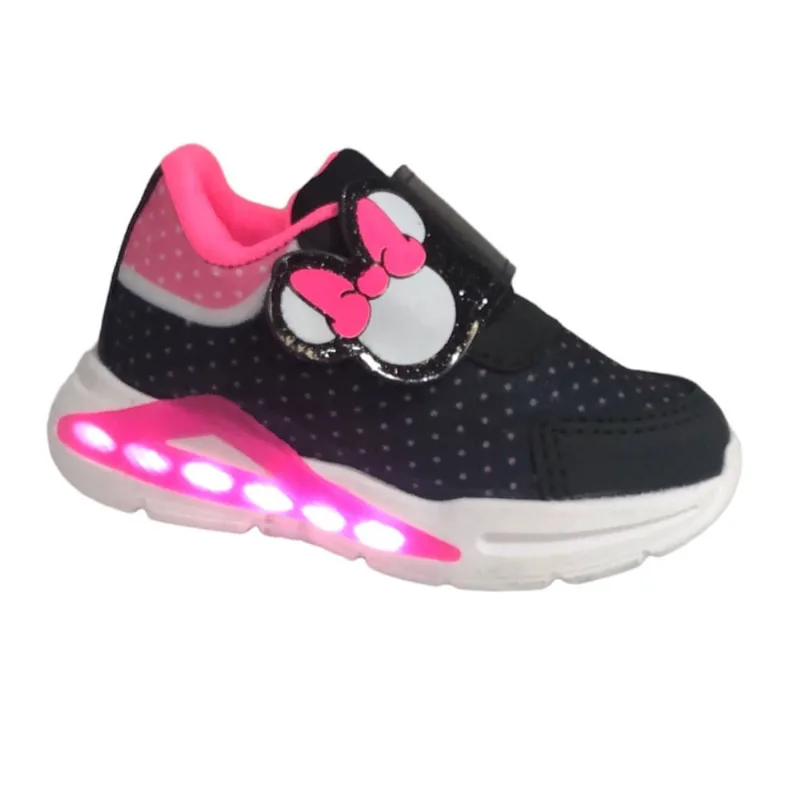 Tênis Infantil Feminino Menina Laço Calce Fácil Luz De Led Que Acende e Pisca Confortável Macio Leve Dia a Dia Minnie Personagem