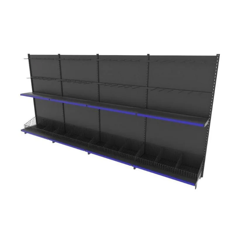 Gondola De Aço Altura 170 Cm Parede Bandejas 40/30 Com Cestos E Ganchos Preto Gp170praz751