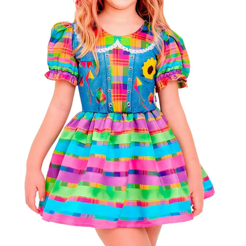 Vestido Festa Junina Infantil Moderno pra Menina Caipirinha Xadrez Colorida - GG 10 - 12 Vestido Festa Junina Infantil Caipirinha Xadrez Colorida pra Meninas 2 a 12 anos GG / VERDE