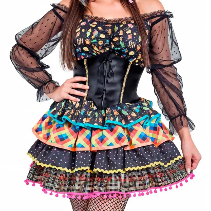 Vestido Festa Junina Adulto de Luxo Com Saia Armada Preto Xadrez G / Preto