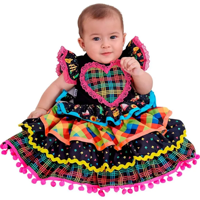 Vestido de Festa Junina Bebe Menina de Luxo Com Saia Rodada M / Preto