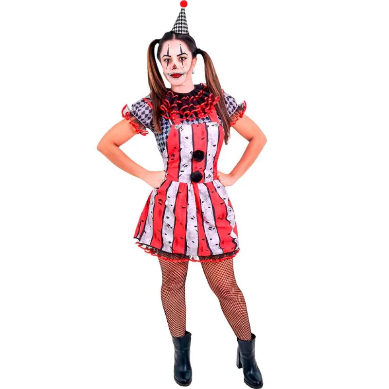 Fantasia Palhaca Feminina de Halloween Luxo com Chapéu P / Vermelho