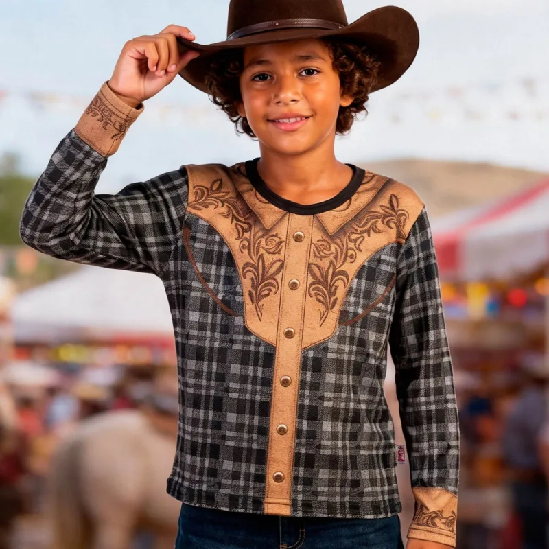 Camisa Festa Junina Infantil para Menino Roupa Country Manga Longa Xadrez - Fantasias Carol AJ
