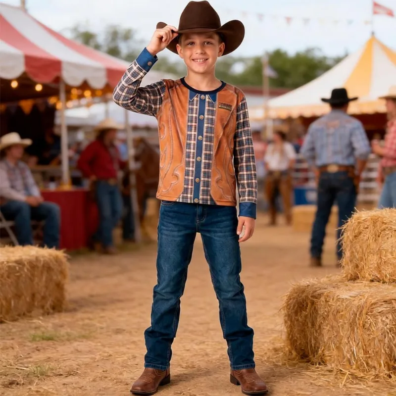 Camisa Festa Junina Infantil para Menino Roupa Country Manga Longa Xadrez M / Marrom