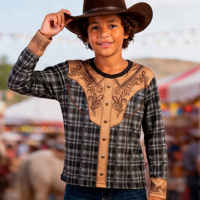Camisa Festa Junina Infantil para Menino Roupa Country Manga Longa Xadrez GG / Marrom