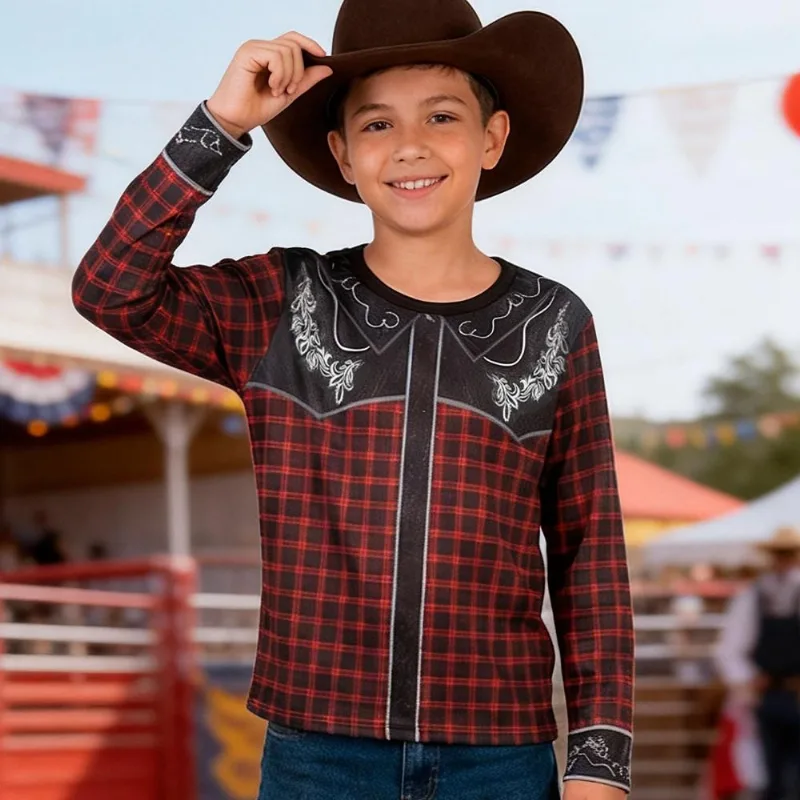 Camisa Festa Junina Infantil para Menino Roupa Country Manga Longa Xadrez P / Preto