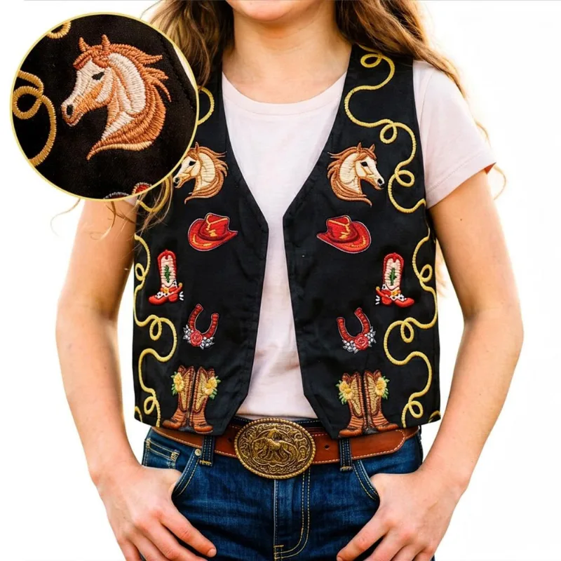 Colete Country Infantil Preto pra Menina Festa Junina com Bordado Realista M / Preto