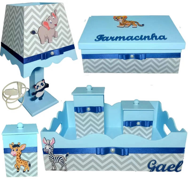 Kit de Higiene de bebê madeira Mdf menino 6 pçs - safari azul bb chevron cinza