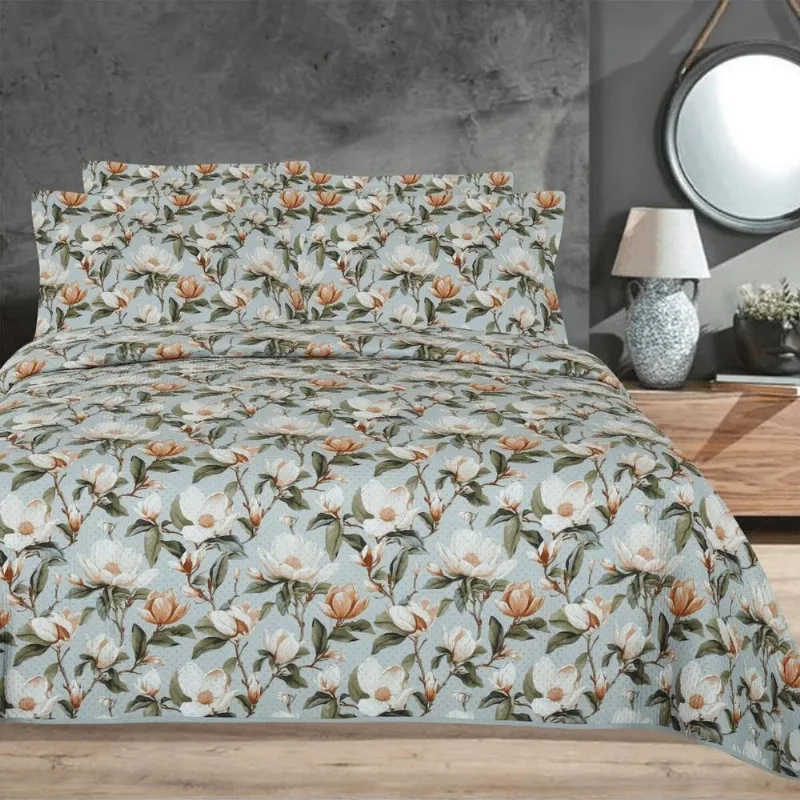 Colcha Queen Magnólia Habitat Estampada Com Porta Travesseiros.