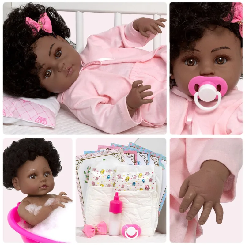 Boneca Reborn Realista Negra Kit Acessórios Menina Linda