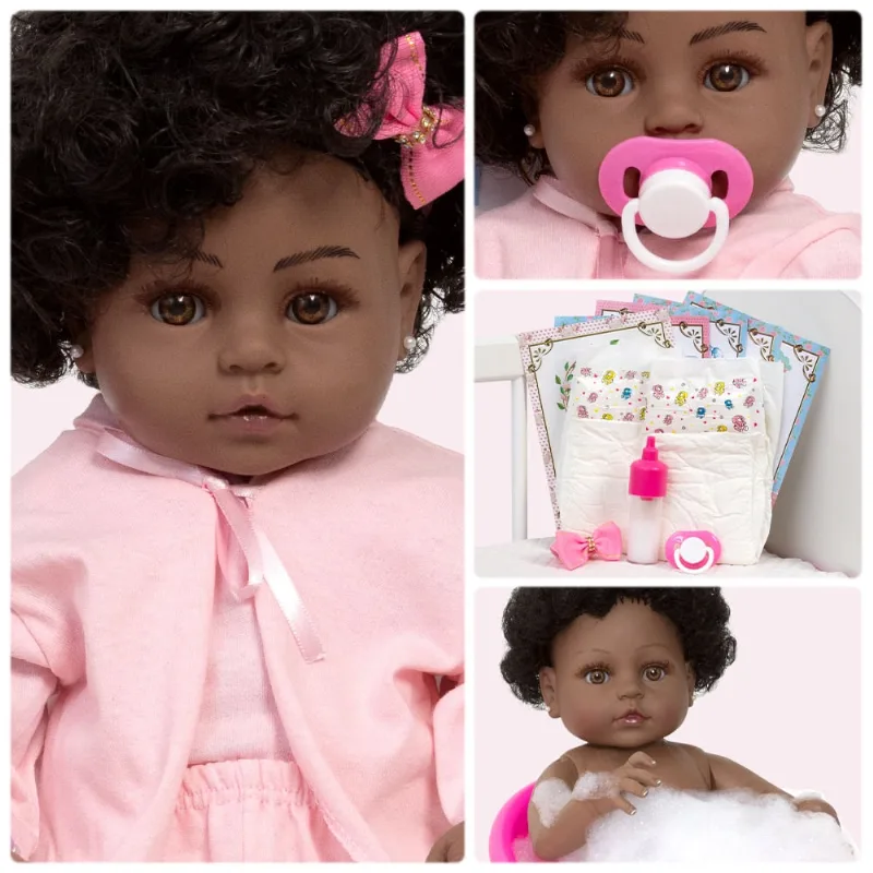Boneca Reborn Menina Negra Olho Castanho Com Roupão e Itens