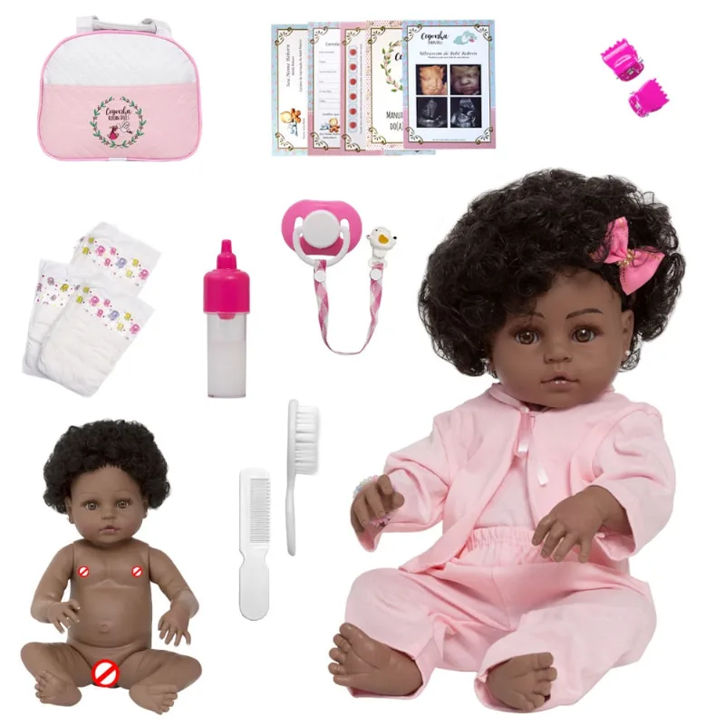 Boneca Reborn Negra Princesa Pode Dar Banho Kit 21 Itens