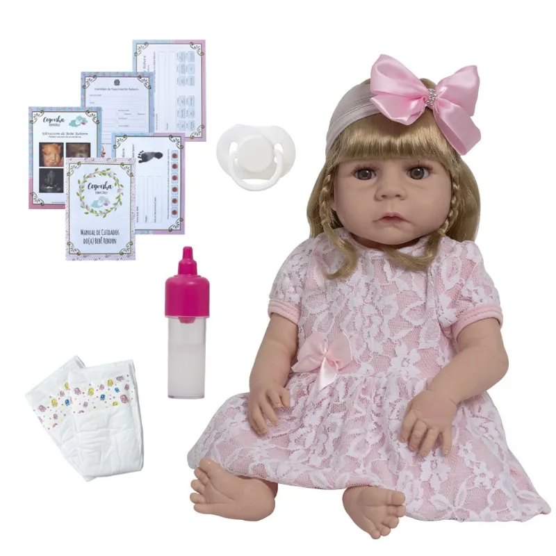 Boneca Reborn Loira Gatinha Vestido De Renda Enxoval Baby