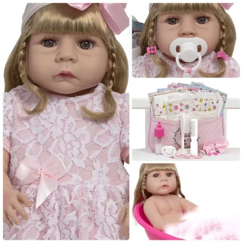 Boneca Reborn Loira Corpo de Silicone Com Bolsa 20 Itens