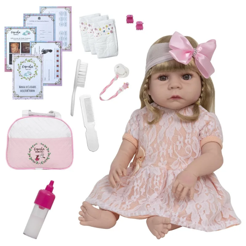 Bebê Reborn Menina Princesa Kit 20 Itens Pode Banho