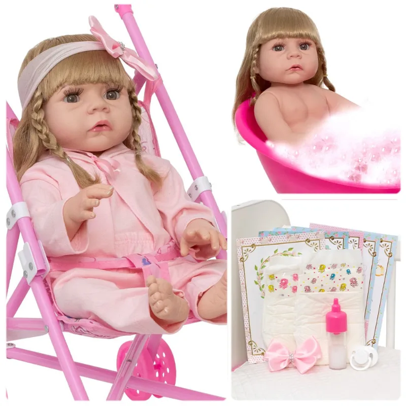 Bebe Reborn Abigail Corpo Silicone Pode Dar Banho + Carrinho