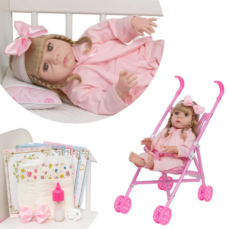 Boneca Reborn Loira Grande Com Carrinho Enxoval Pijama Rosa