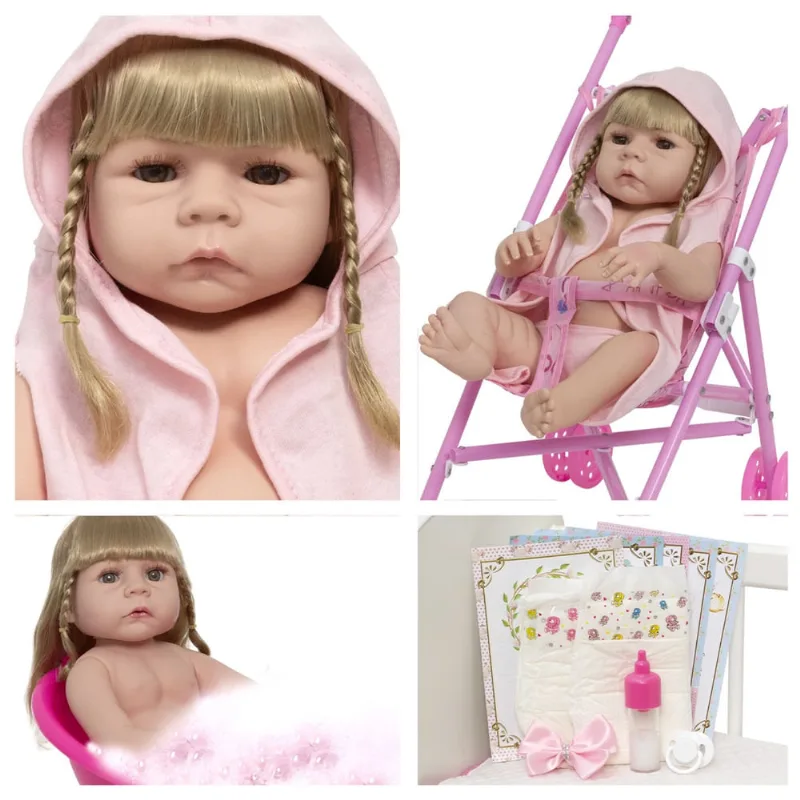 Boneca Reborn Realista Loira Saída De Banho Kit Carrinho