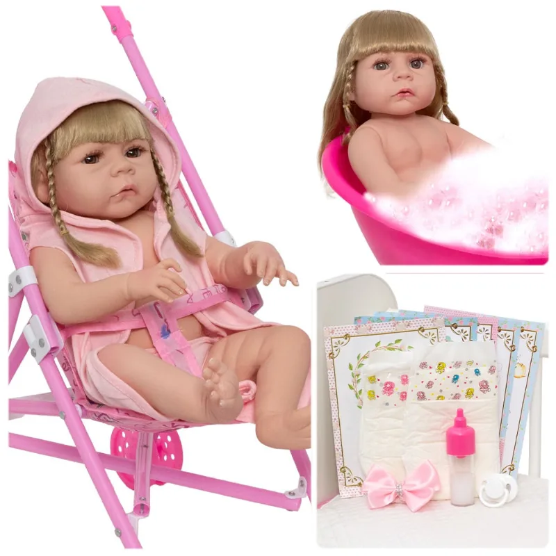 Bebê Reborn De Silicone Loira Enxoval 14 Itens Com Carrinho