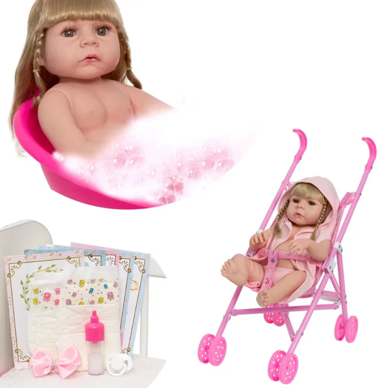 Boneca Reborn Abigail Toda de Vinil Carrinho